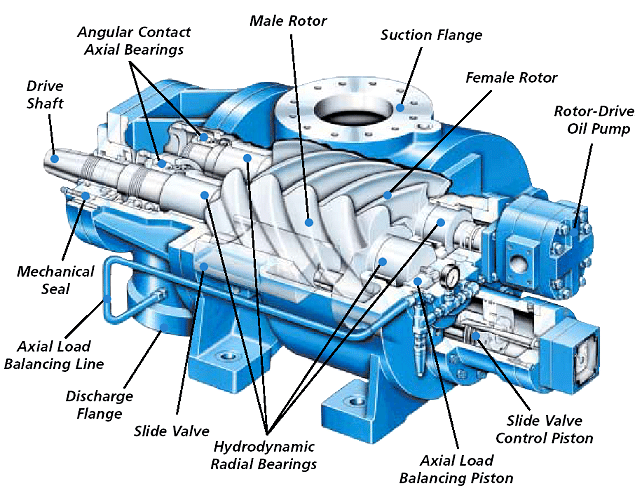 isometric cutaway of twin screw compressor